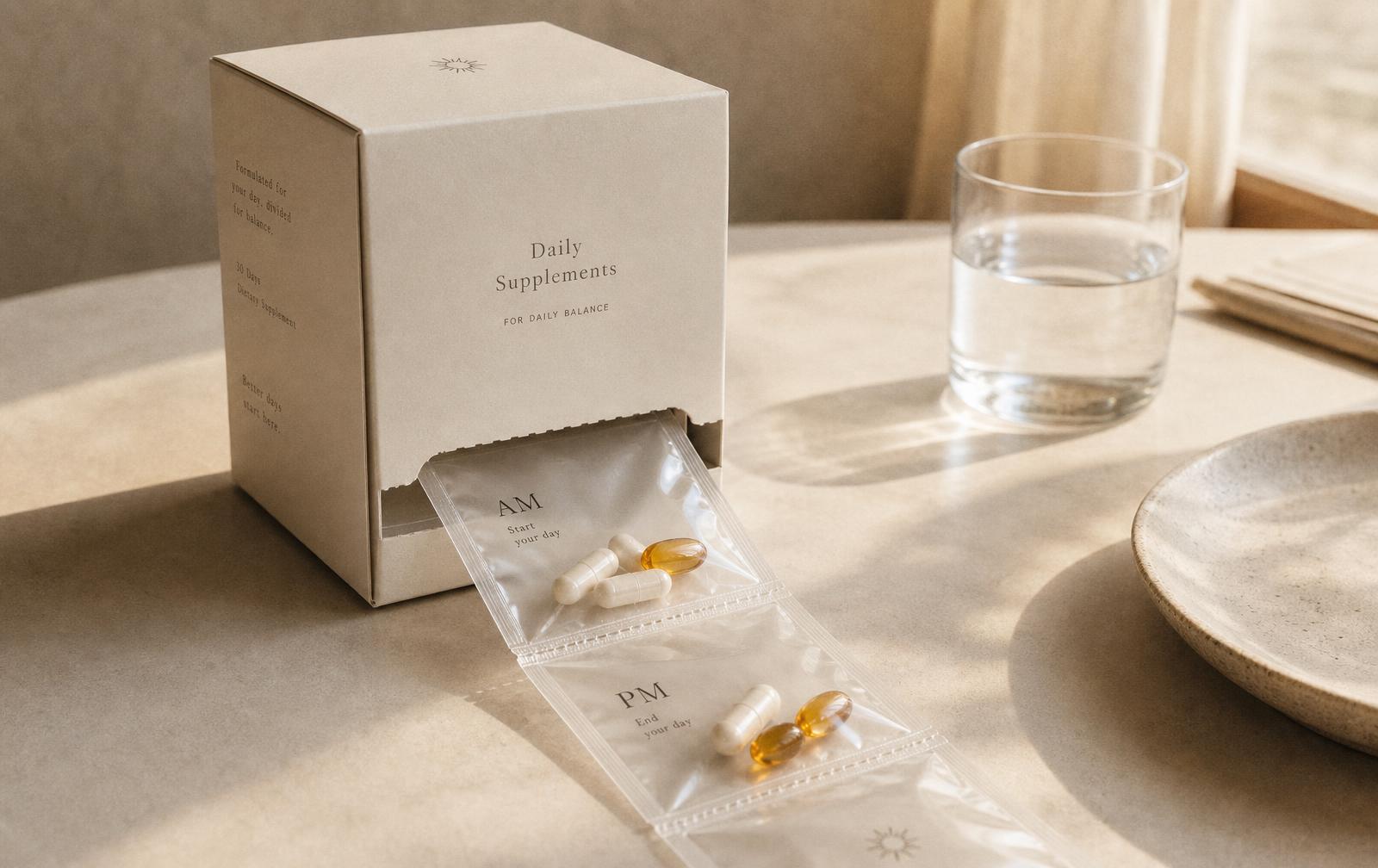 A cream dispenser box with a perforated roll of clear sealed daily supplement pouches labeled AM and PM feeding out of it