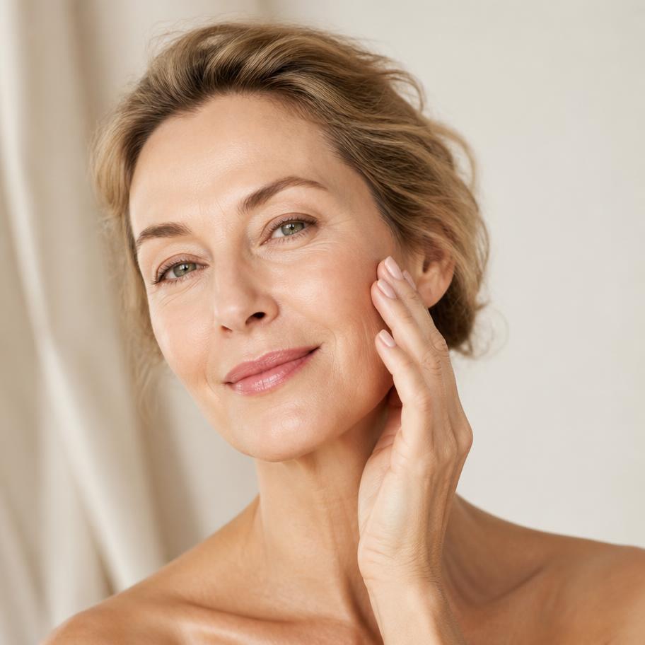 A woman in her fifties with glowing bare skin touching her cheek in soft light