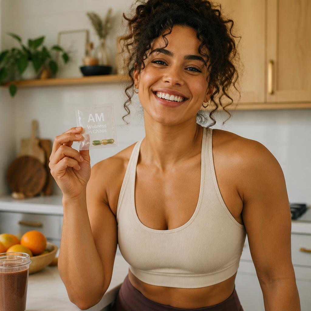 A woman laughing in a bright kitchen holding a glass of lemon water
