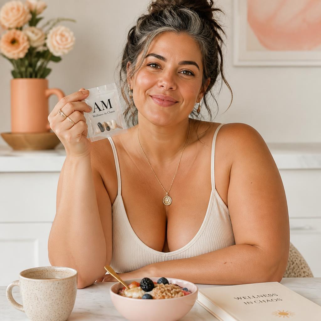 A woman eating a protein rich berry breakfast bowl at a cream table with a glass of water